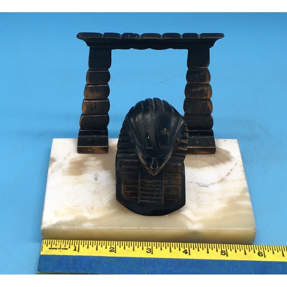 Brass Egyptian head Bookends On Blond Marble Base - Picture 10 of 10